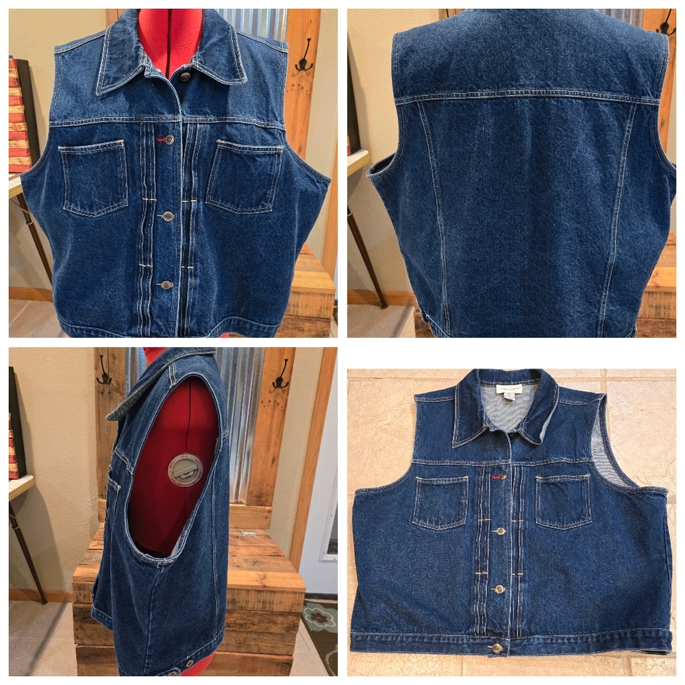 2X Denim Vest Casual Corner Metal Buttons - Picture 2 of 8